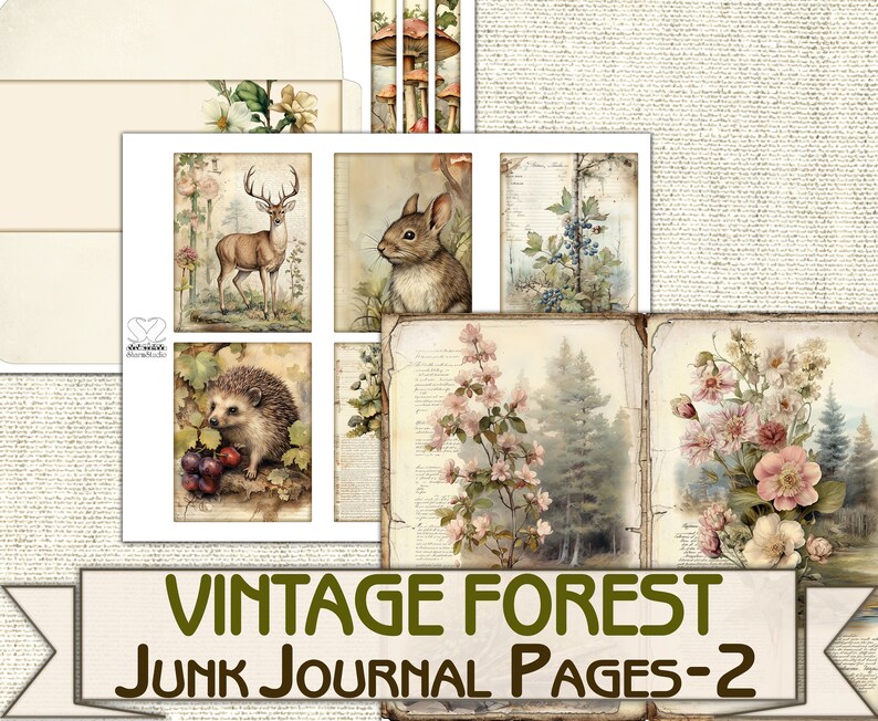 May include: Vintage forest themed junk journal pages with images of a deer, rabbit, hedgehog, flowers, and trees. The pages are ready to be used for scrapbooking, journaling, or other creative projects.