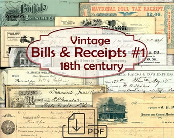 Facturas y recibos antiguos, Conjunto de facturas efímeras y recibos en papel del siglo XVIII.