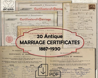 20 Antique Record of marriages,MARRIAGE CERTIFICATES Vintage Printable Pages Digital Download JPG Format