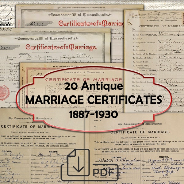 20 Antique Record of marriages,MARRIAGE CERTIFICATES Vintage Printable Pages Digital Download JPG Format