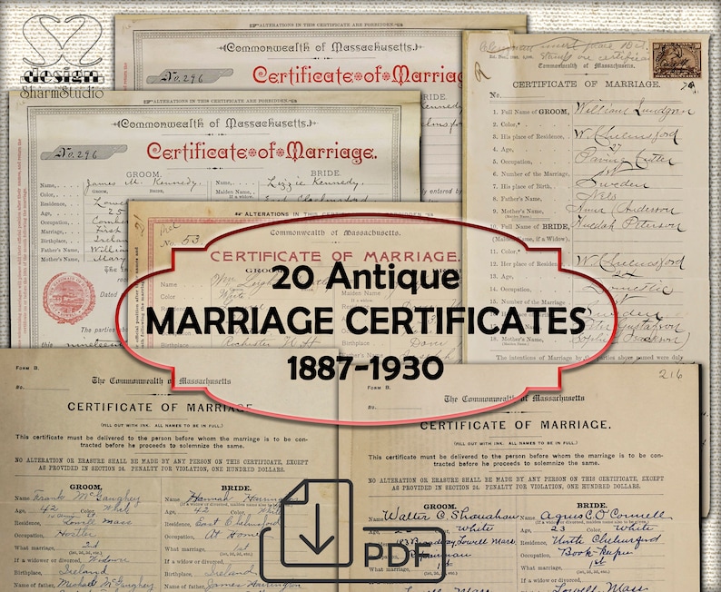 May include: A collage of 20 antique marriage certificates from 1887 to 1930. The certificates are printed on aged paper and feature handwritten details in black ink. The certificates are from the Commonwealth of Massachusetts.