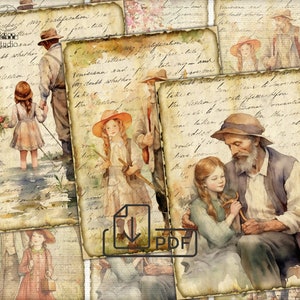 Ensemble de cartes imprimables grand-père et petite-fille, éphémères de journal indésirable, fête des pères imprimable