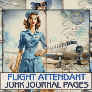 Vintage Flight attendant Junk Journal Kit, Collage Sheets printables