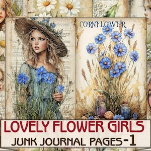 Kit de diario basura vintage con hermosas niñas de las flores, 1 página para álbum de recortes