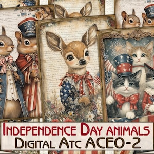 Cartões para impressão de colagem de fotos de animais do Dia da Independência Vintage atc + BÔNUS, conjunto de papéis digitais para decoupage - 2