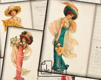 Junk Journal Pages fashion printable illustration art deco,digital journal