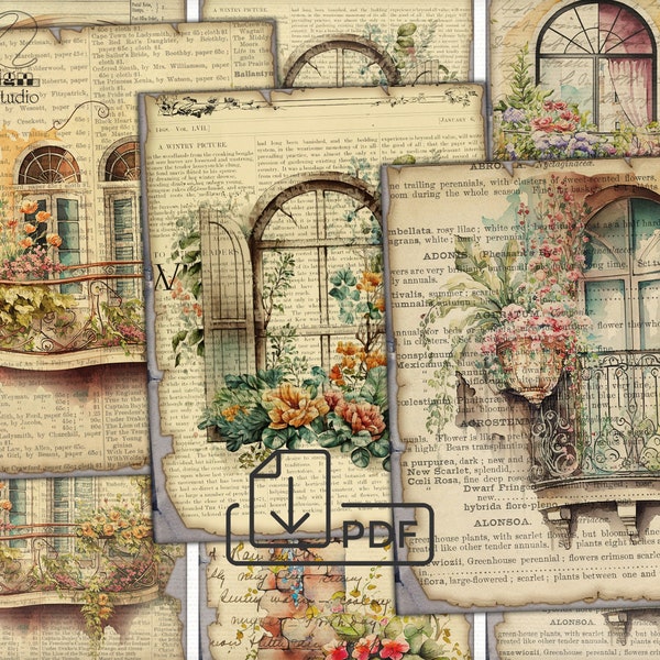 Vintage flower windows Printable pack,junk journal ephemera