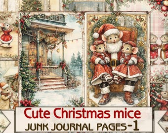 Christmas Mice Junk Journal Kit-1, Printable Collage Pages (Digital Download)