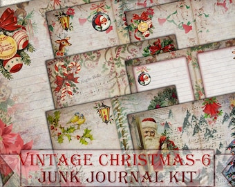 Vintage Christmas Junk Journal Kit-6,Printable Collage Pages