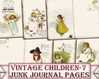 Vintage kinderen-7 dagboekpagina's, afdrukbare kinderen junk journal kit