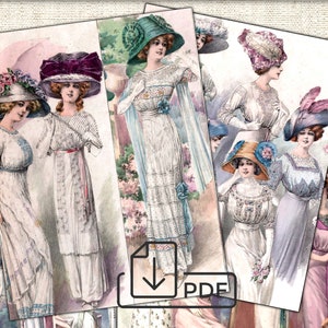 May include: A collage of six vintage illustrations featuring women wearing white dresses and elaborate hats. The women are depicted in various poses, some holding parasols or fans. The illustrations are in a watercolor style and have a delicate, feminine aesthetic.