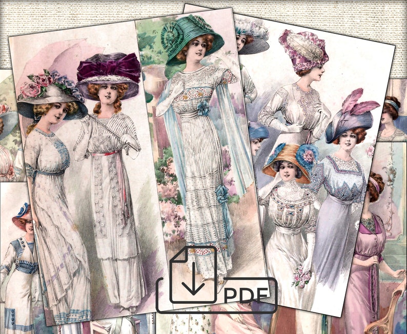 May include: A collage of six vintage illustrations featuring women wearing white dresses and elaborate hats. The women are depicted in various poses, some holding parasols or fans. The illustrations are in a watercolor style and have a delicate, feminine aesthetic.