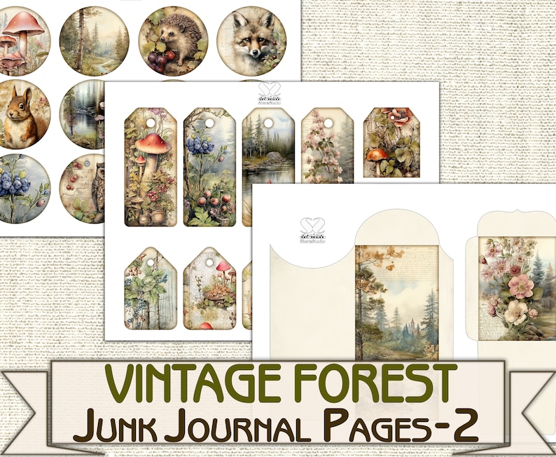 May include: Vintage forest themed printable junk journal pages. The set includes tags, pockets, and circles with images of mushrooms, owls, foxes, squirrels, and other forest creatures.