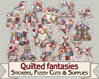 Quilted Stickers: Vintage Scrapbook Fussy Cuts (Digital PDF)