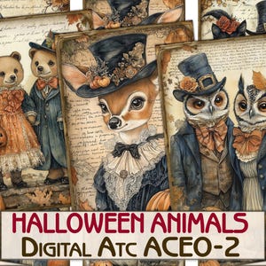ヴィンテージ ハロウィーン 動物 絵 コラージュ 印刷可能 カード ATC + ボーナス、デコパージュ デジタル ペーパー セット 2