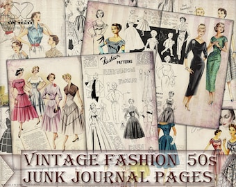 Vintage Junk Journal Pages fashion 50s,Printable Collage