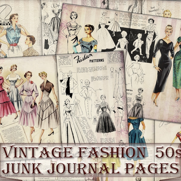 Vintage Junk Journal Pages mode jaren '50, afdrukbare collage