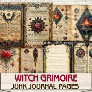 May include: A set of printable witch grimoire junk journal pages featuring vintage style illustrations and text. The pages include images of a heart, a pentagram, a fire, and a moon.
