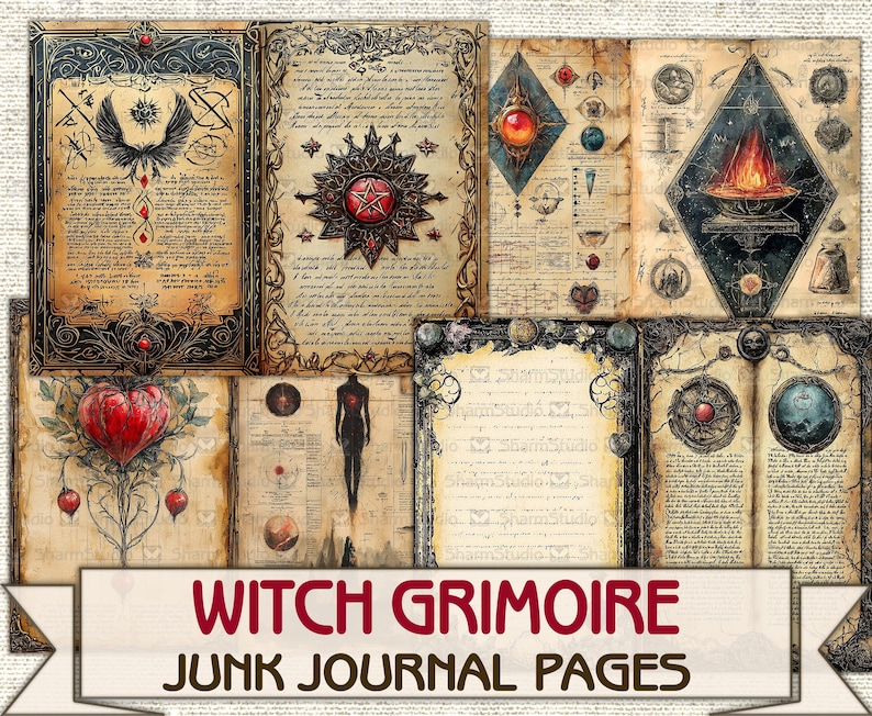 May include: A set of printable witch grimoire junk journal pages featuring vintage style illustrations and text. The pages include images of a heart, a pentagram, a fire, and a moon.