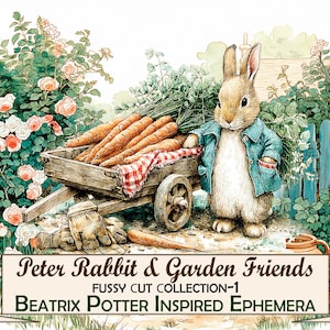 Pode incluir: Ilustração de Peter Rabbit com um casaco azul, ao lado de um carrinho de madeira cheio de cenouras. O carrinho tem um pano xadrez vermelho e branco. A imagem é rodeada por um jardim com rosas e uma cerca azul. O texto diz "Peter Rabbit & Garden Friends".