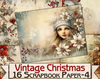Vintage Christmas Background, scrapbook paper Pack-4 Printable 16 Pages