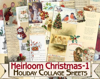 Heirloom Christmas Junk Journal Pages-1, Classic Holiday Collage Sheets, Antique Style Digital Background Paper