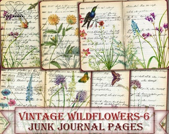 journal indésirable vintage Wildflowers Pages-6, Collage d’images botaniques, Téléchargement de feuille numérique
