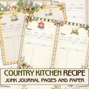 Pagine di ricette di Country Kitchen Junk Journal, collage di libri di cucina per scrapbooking, stampe effimere
