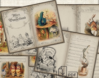 Alice in Wonderland junk journal page,picture collage,Digital Sheet Download