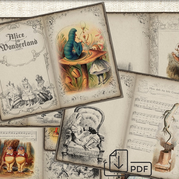 Alice in Wonderland junk journal page,picture collage,Digital Sheet Download