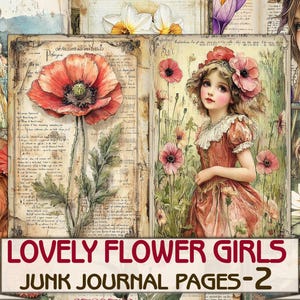 Kit de diario basura vintage con hermosas niñas de las flores, 2 páginas para álbumes de recortes