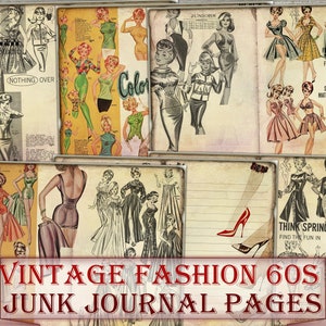 Vintage mode uit de jaren 60 kortstondig Junk Journal fotocollage, digitaal blad downloaden