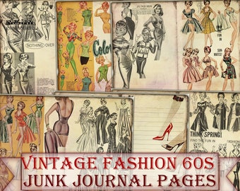 Vintage fashion 60s ephemera Junk Journal picture collage,Digital Sheet Download