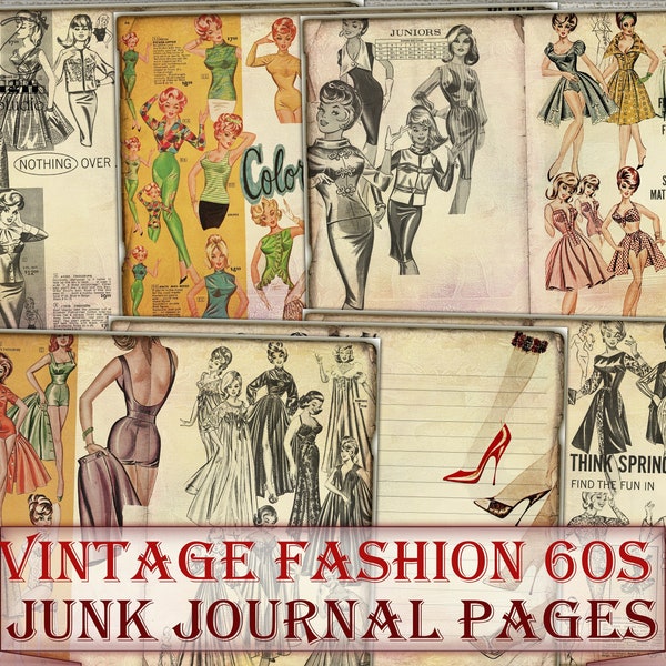 Vintage fashion 60s ephemera Junk Journal picture collage,Digital Sheet Download