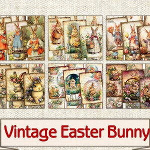 May include: A digital collage sheet featuring vintage illustrations of Easter bunnies. The images include bunnies holding baskets of eggs, bunnies with flowers, and bunnies in a variety of poses. The images are in a vintage style with a faded, distressed look.