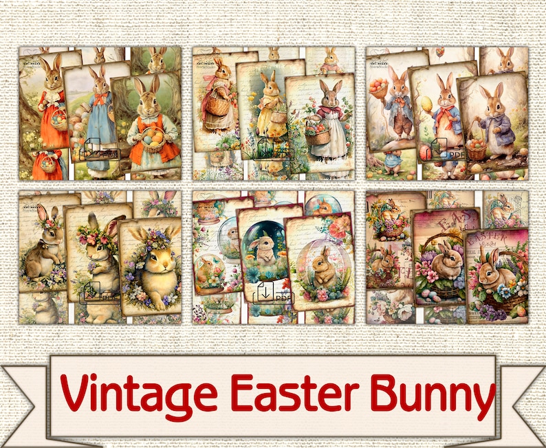 May include: A digital collage sheet featuring vintage illustrations of Easter bunnies. The images include bunnies holding baskets of eggs, bunnies with flowers, and bunnies in a variety of poses. The images are in a vintage style with a faded, distressed look.