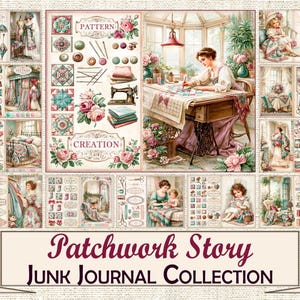 Puede incluir: Una hoja de collage digital titulada Patchwork Story Junk Journal Collection que presenta varias ilustraciones de costura, acolchado y escenas domésticas con motivos florales, máquinas de coser vintage, pilas de tela y botones en tonos pastel suaves y apagados.