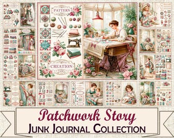 Vintage Patchwork Story Junk Journal Kit, Printable Quilt Ephemera, Digital Scrapbook Pages, Cottagecore Sewing Diary