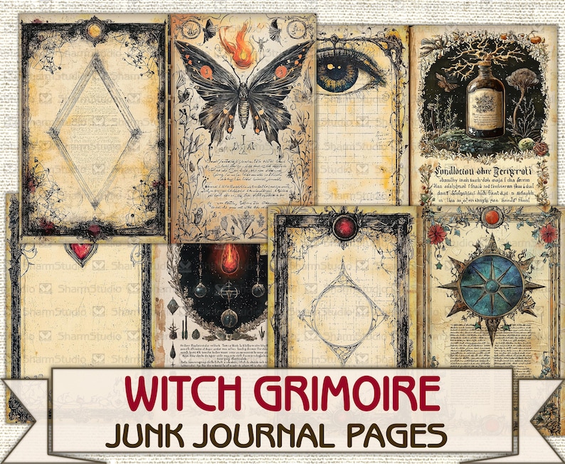 Vintage Witch Grimoire junk journal Pages printable,Mystic Witch, Wiccan Spell Book Download image 8