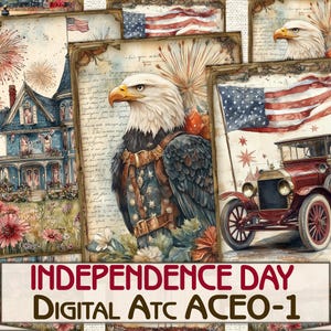 Cartões para impressão de colagem de fotos do Dia da Independência Vintage atc + BÔNUS, conjunto de papéis digitais para decoupage-1