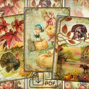 Può includere: Un collage di immagini vintage del Ringraziamento con tacchini, zucche, foglie autunnali e una fattoria. Le immagini sono in stile rustico con colori sbiaditi e testo scritto a mano. Il testo include "Good Wishes", "Peace and Prosper" e "Thanksgiving Greetings".