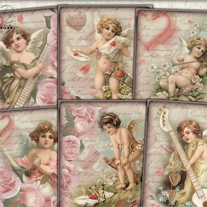 Vintage Valentines Cupids Digital picture collage printable Pink cards Atc ACEO