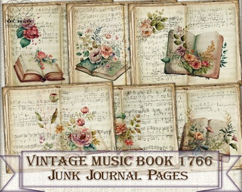 Vintage Music Book Junk Journal Pages: Floral Collage (Digital Download)