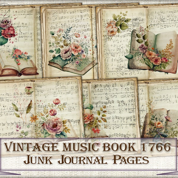 Vintage junk journal Pages,music book picture collage,sheet music art Digital Sheet Download