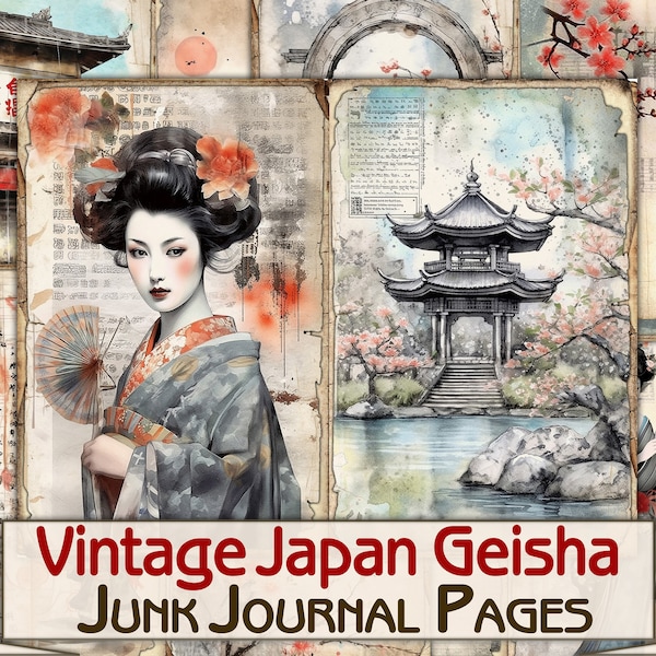 Vintage Japan Geisha Junk Journal picture collage,Digital Sheet Download