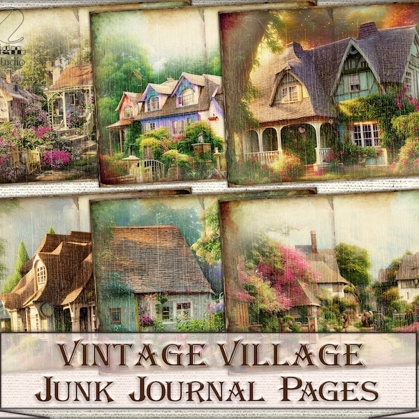 Vintage village garden,collage junk journal Pages,victorian ephemera