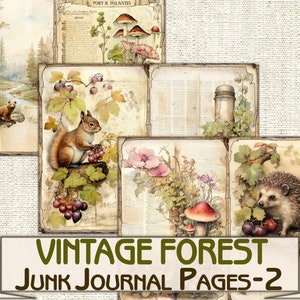 May include: Vintage forest themed junk journal pages with images of a bear, squirrel, hedgehog, mushrooms, flowers, and grapes. The pages are printed on aged paper with a vintage aesthetic.