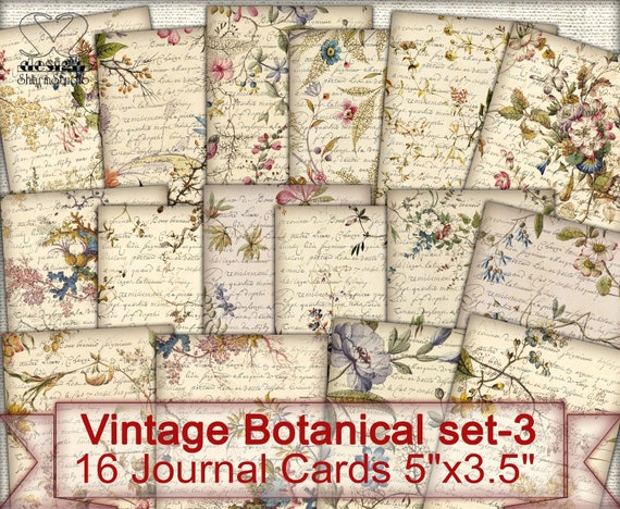 Vintage Botanical cards set-3, Digital Collage Sheet Flowers,Junk Journal Ephemera