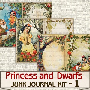 Puede incluir: Un kit de diario de desecho digital imprimible con Blancanieves y los Siete Enanitos. El kit incluye cinco im&aacute;genes con ilustraciones vintage de Blancanieves, los enanos y una escena de bosque con manzanas. El texto "Princess and Dwarfs Junk Journal Kit - 1" est&aacute; en la parte inferior de la imagen.