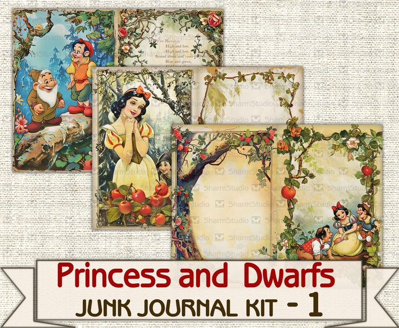 Puede incluir: Un kit de diario de desecho digital imprimible con Blancanieves y los Siete Enanitos. El kit incluye cinco im&aacute;genes con ilustraciones vintage de Blancanieves, los enanos y una escena de bosque con manzanas. El texto "Princess and Dwarfs Junk Journal Kit - 1" est&aacute; en la parte inferior de la imagen.